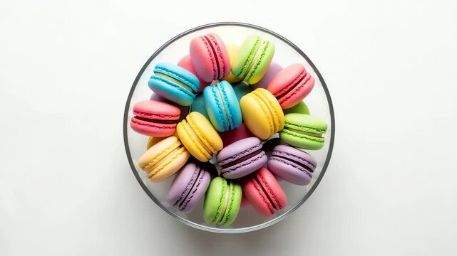 Colorful assortment of macarons in a glass bowl, showcasing vibrant hues and textures