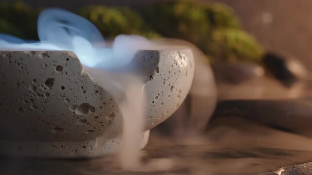 macro of an ultrasonic stone diffuser with silk-like mist plume and essential oil drop. Luxury wellness ritual footage featuring travertine stone and cooling water vapor for spa ads.