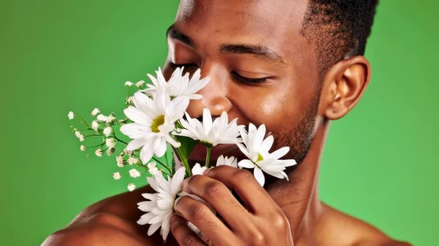 Smiling African American man holding white daisy flowers against his shoulder over a vibrant green studio background