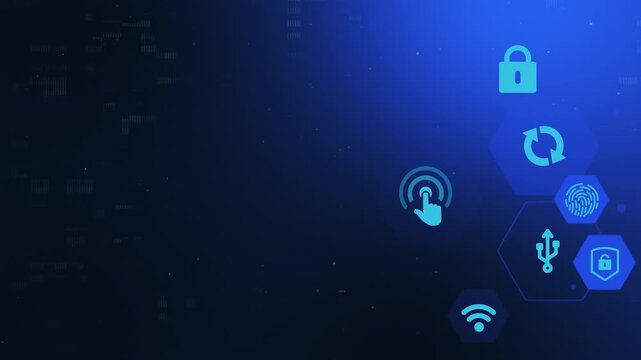 4K Tech Blue Unified Security Background. Hexagonal HUD Frames with Multiple Security Icons and Glitch Effect.
