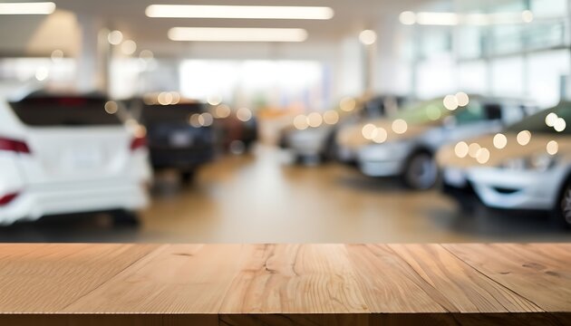 Empty wooden table top with blurred car dealership showroom background