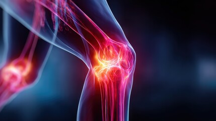 Fototapeta premium Human Knee Joint with Glowing Red Pain Points on Dark Background