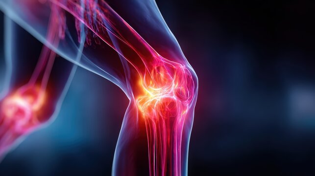 Human Knee Joint with Glowing Red Pain Points on Dark Background