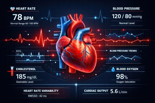 Human Heart With Digital Medical Data and Health Monitoring Interface