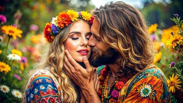 Happy bohemian couple with flower crown and beard smiling in a sunlit summer meadow field