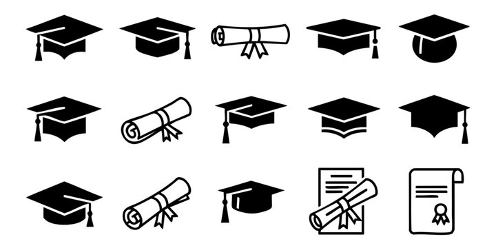 Graduation ceremony icons display caps diplomas and certificates on white