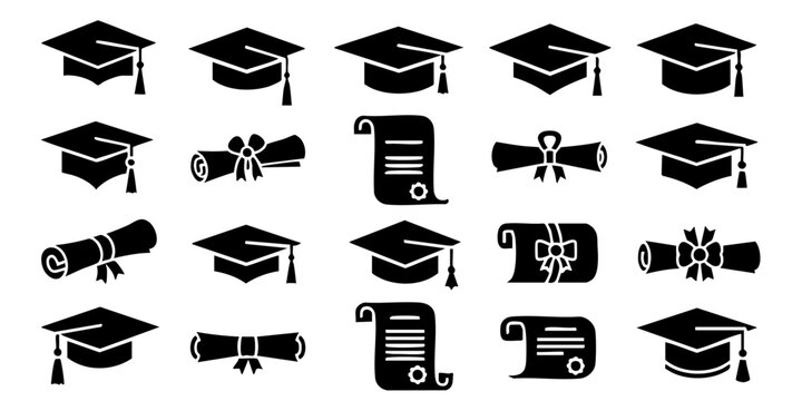 Graduation ceremony icons display academic caps diplomas on white background