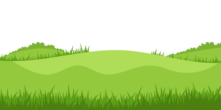 green grass field/Green grassy hills stretch gently under a clean white background, green nature landscape background with grass field and rolling hills illustration.