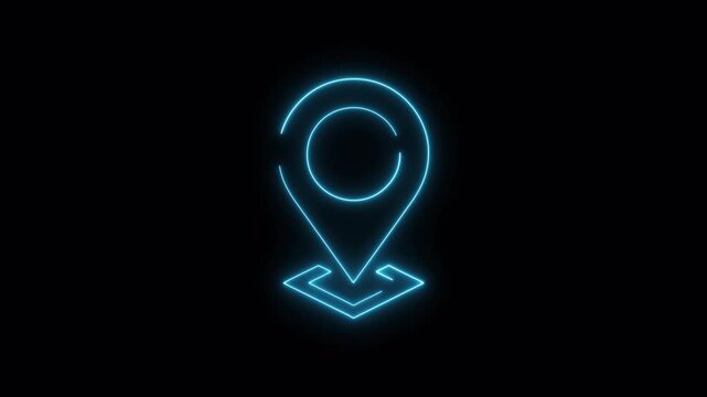 Animated Neon Location Pin Icon Glowing Blue Line on Transparent Background, 4K Motion Graphics