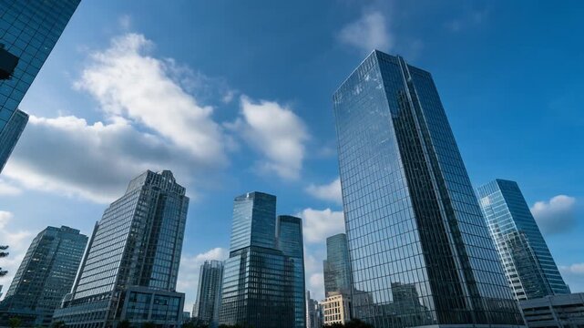 Skyscrapers stand tall in a cityscape under 1 (99) on a sunny day
