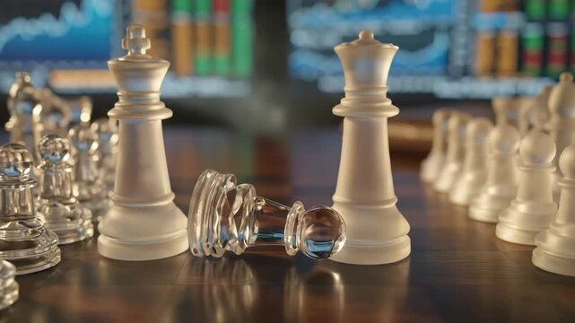 Chess pieces on board with financial charts in background
