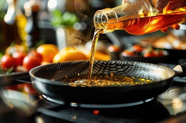 Hand pouring cooking oil into a frying pan, surrounded by fresh vegetables. Ideal for culinary, cooking, and healthy eating contexts. Perfect for recipe blogs, food marketing,kitchen lifestyle content