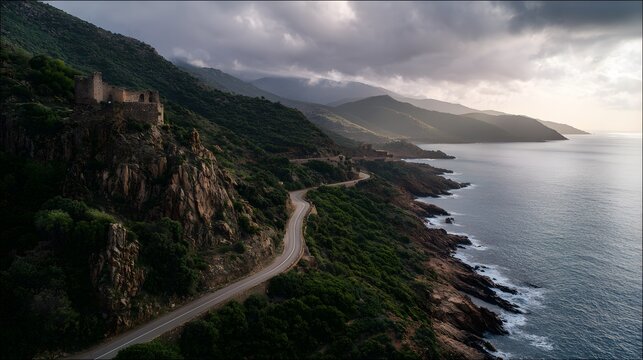 Ancient coastal road winds past ruins under a tranquil cloudy sky serene travel landscape