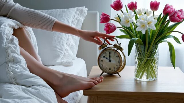 Woman Wakes Up to Alarm Clock Next to Tulips and Daffodils on Bedside Table