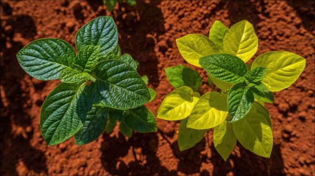 Two contrasting potato plants, one vibrant green and the other yellowing, growing in rich soil from a top-down perspective.