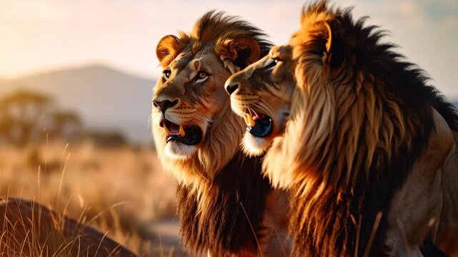 Pair of powerful adult male lions with thick manes roaring together in the wild safari landscape during sunset