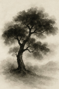 sumi-e lnk wash tree in misty landscape