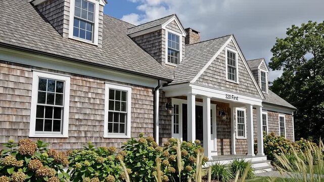 Charming Cedar Shingle House With Dormer Windows and Lush Landscaping