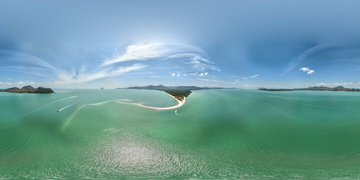 360 Degree Aerial Panorama of Laem Haad Beach at Koh Yao Yai, Thailand. Stunning Sandbar and Turquoise Ocean VR View.