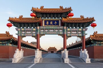 Fototapeta premium Traditional chinese architecture gate with red lanterns and ornate decorations in beijing