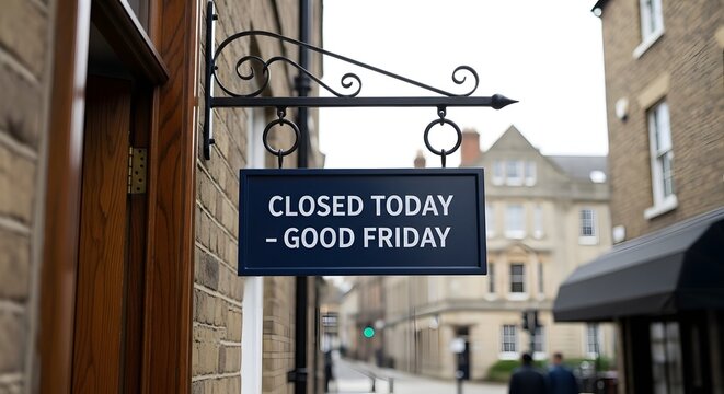 A sign on a building reads closed today good friday in a quaint town setting