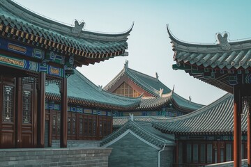 Fototapeta premium Traditional chinese architecture with green roofs and ornate decorations in beijing