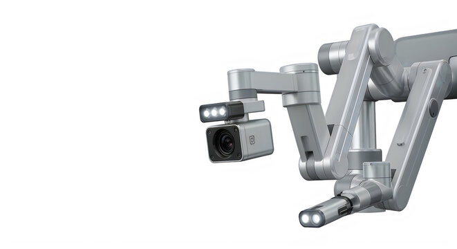 Robot arm with camera and lights for industrial or inspection use transparent background