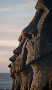 Ancient Moai Statues Stand Silently Against a Serene Sunset Sky on Rapa Nui Cliffs