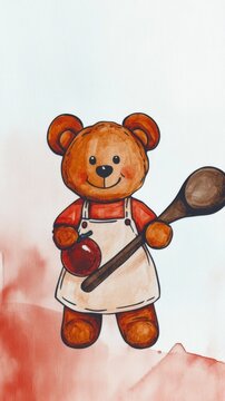 Charming teddy bear clinging to spoon a delightful painting evoking childhood nostalgia.
