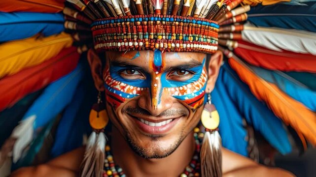Portrait of a smiling man with vibrant face paint and an elaborate multicolor tribal feather headdress