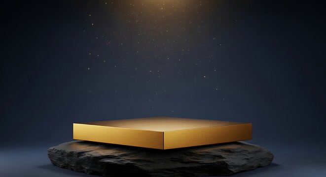 Golden square platform on a dark stone base, illuminated by a spotlight, elegant presentation.