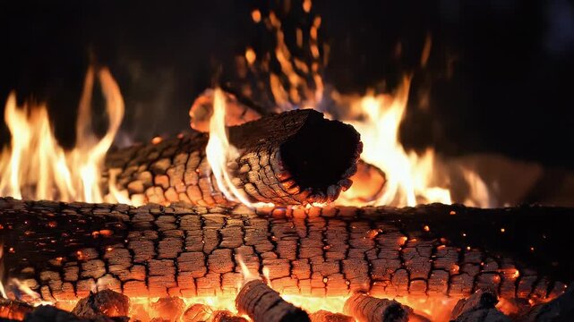 Cozy Campfire Burning at Night, Close-Up Slow Motion Firewood and Sparks, Outdoor Bonfire Atmosphere