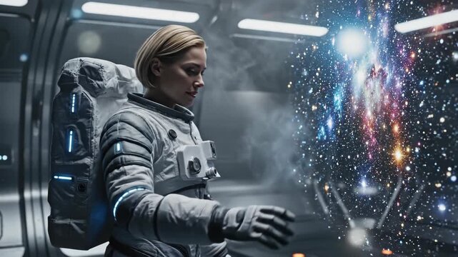 Female astronaut in a space suit interacts with a cosmic display of stars and galaxies inside a futuristic spacecraft, showcasing advanced technology and exploration
