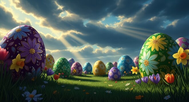 Giant decorated easter eggs with painted daisy and floral motifs standing on green meadow with daffodils, tulips and crocuses in foreground under dramatic sunlit cloudy sky, magical spring holiday con