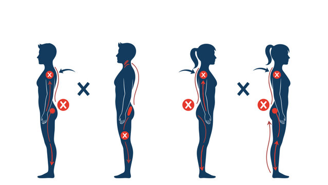 Comparative diagram showing various common posture mistakes and correct body alignment for both male and female body types.