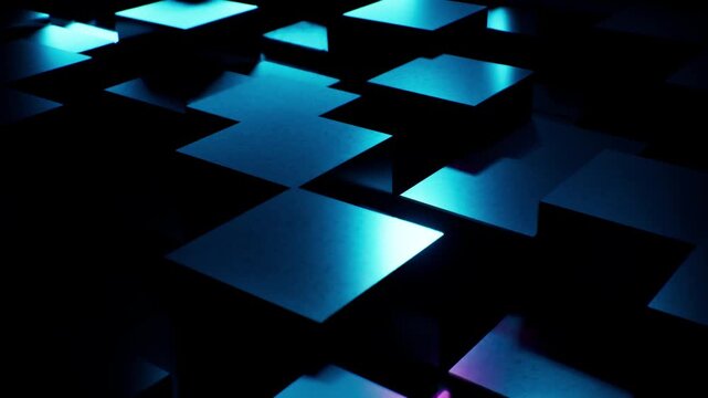 3D abstract Animation of glowing geometric cubes in a dark digital void. The blocks feature vibrant neon highlights in cyan,  creating a high-contrast futuristic landscape. 4K.