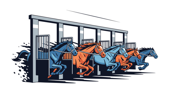 Starting gate opening with racehorses bursting forward at Kentucky Derby 2026, dynamic horse racing moment, flat vector illustration of speed and competition