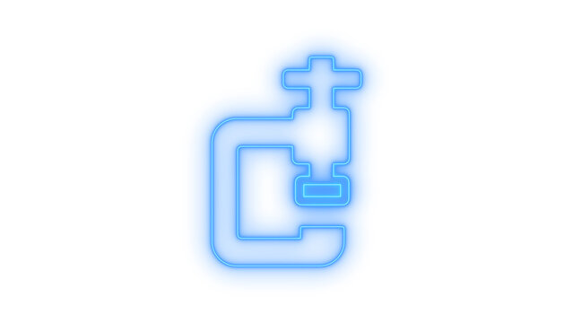 Glowing blue neon style clamp tool icon, representing construction, repair, and fastening concepts, for modern digital design elements, isolated on transparent background