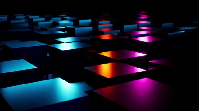 3D abstract Animation of glowing geometric cubes in a dark digital void. The blocks feature vibrant neon highlights in cyan, magenta, and orange, creating a high-contrast futuristic background. 4K.