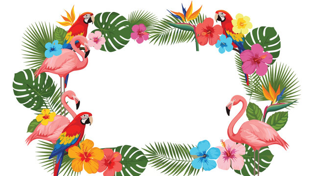 Vibrant tropical horizontal frame featuring pink flamingos, red parrots, green palm leaves, and colorful hibiscus flowers on white background.