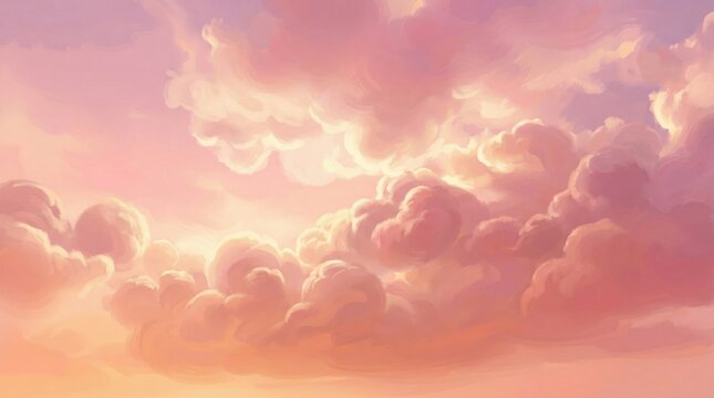 Digital art illustration of fluffy pink cumulus clouds at sunset with warm golden light highlights and painterly texture