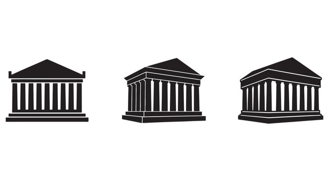 Black and white illustrations of ancient greek or roman building facades with columns and triangular roofs in different angles  architectural elements