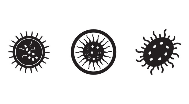 Black and white illustrations of virus cells with spikes and membranes on white background  scientific medical concept