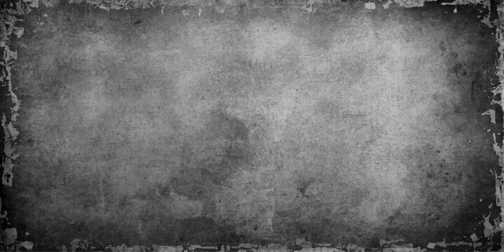 A dark aged metal frame sits against a dirty gray concrete wall texture with a vintage grunge design on an old black textured paper surface