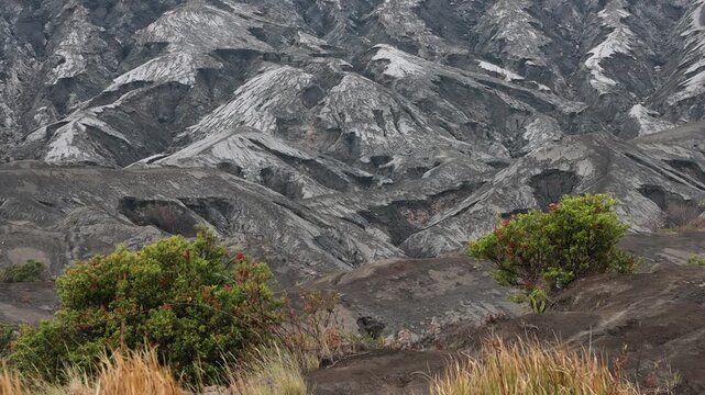 Wide Close-Up of Volcanic Erosion Gullies on Mount Bromo Slopes, Bromo Tengger Semeru National Park, East Java Indonesia 4K 