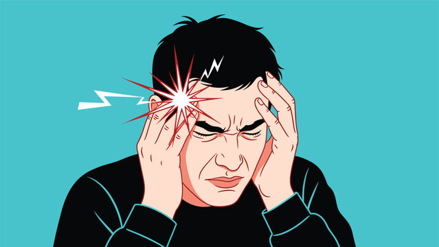 Illustration of a man suffering from an intense headache or migraine with red lightning symbols around his head to show pain.