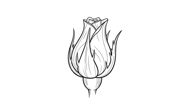 Detailed black and white line art drawing of a single rose bud waiting to bloom against a clean and minimal white background.
