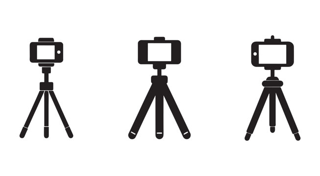 Black silhouettes of three different camera tripods with blank screens on top for photography and videography equipment isolated on white background  tripod for smartphone and digital camera