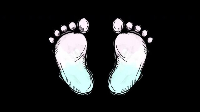 4K animated video of hand drawn baby footprints with pink and blue gradient on transparent background