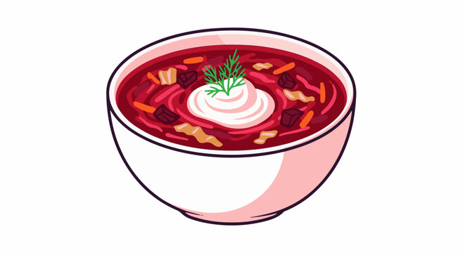 A bowl of hearty beet soup with creamy topping and herbs